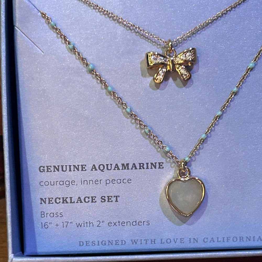 LUNA NORTE Bow And Heart Charm Necklace Set With Genuine Aquamarine NWTS - Picture 12 of 12